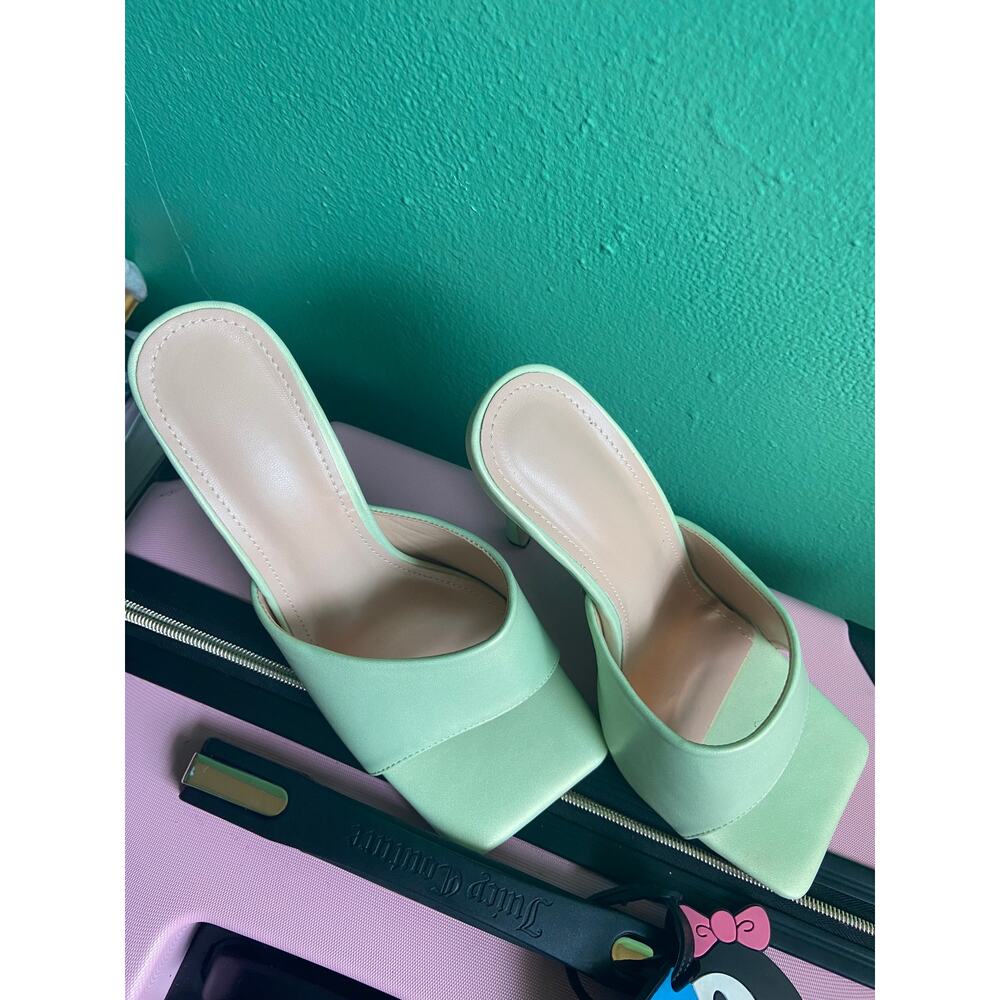Metallic green high heeled slides